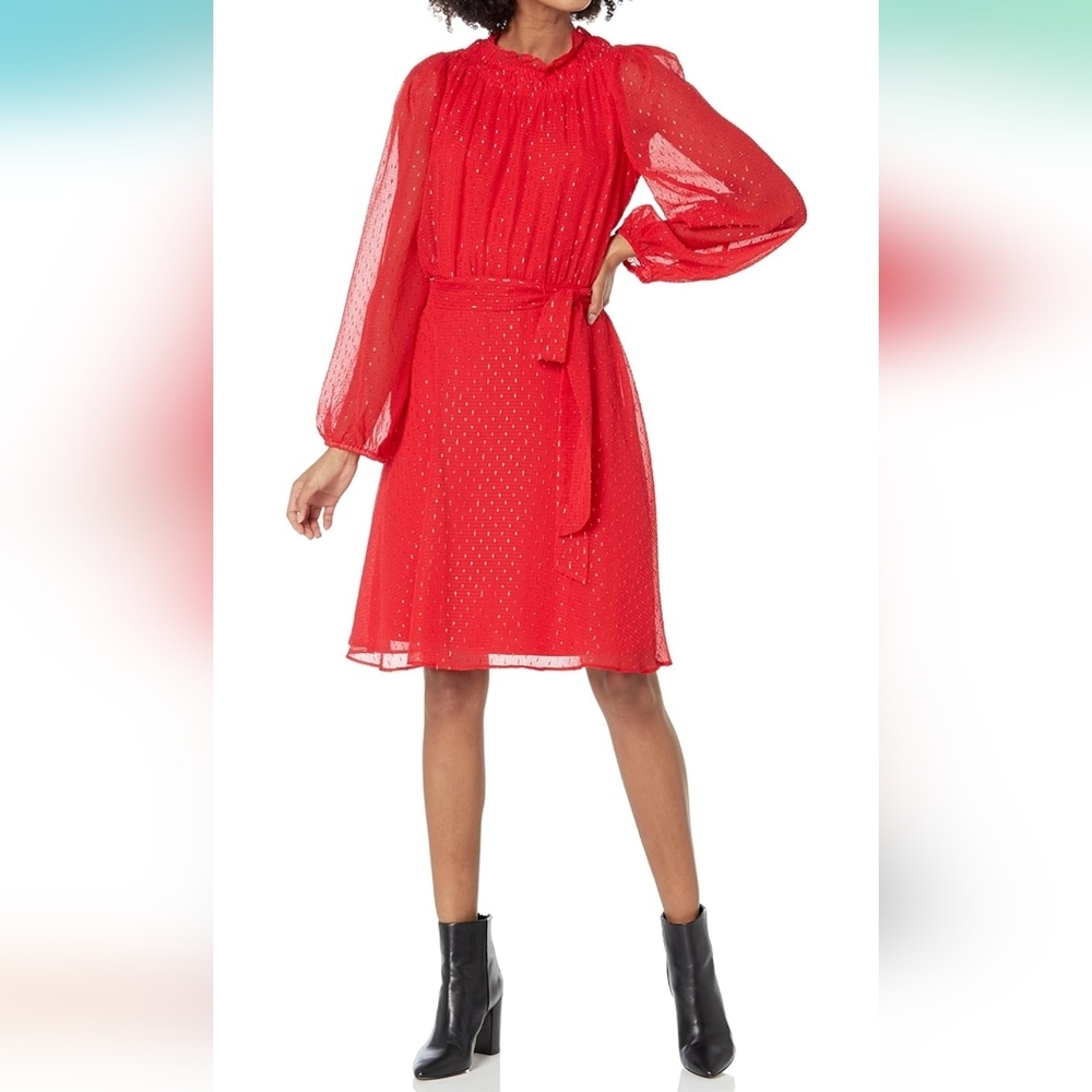 DKNY Red glitter ruffled dress Balloon sleeve with belt at waist size 10